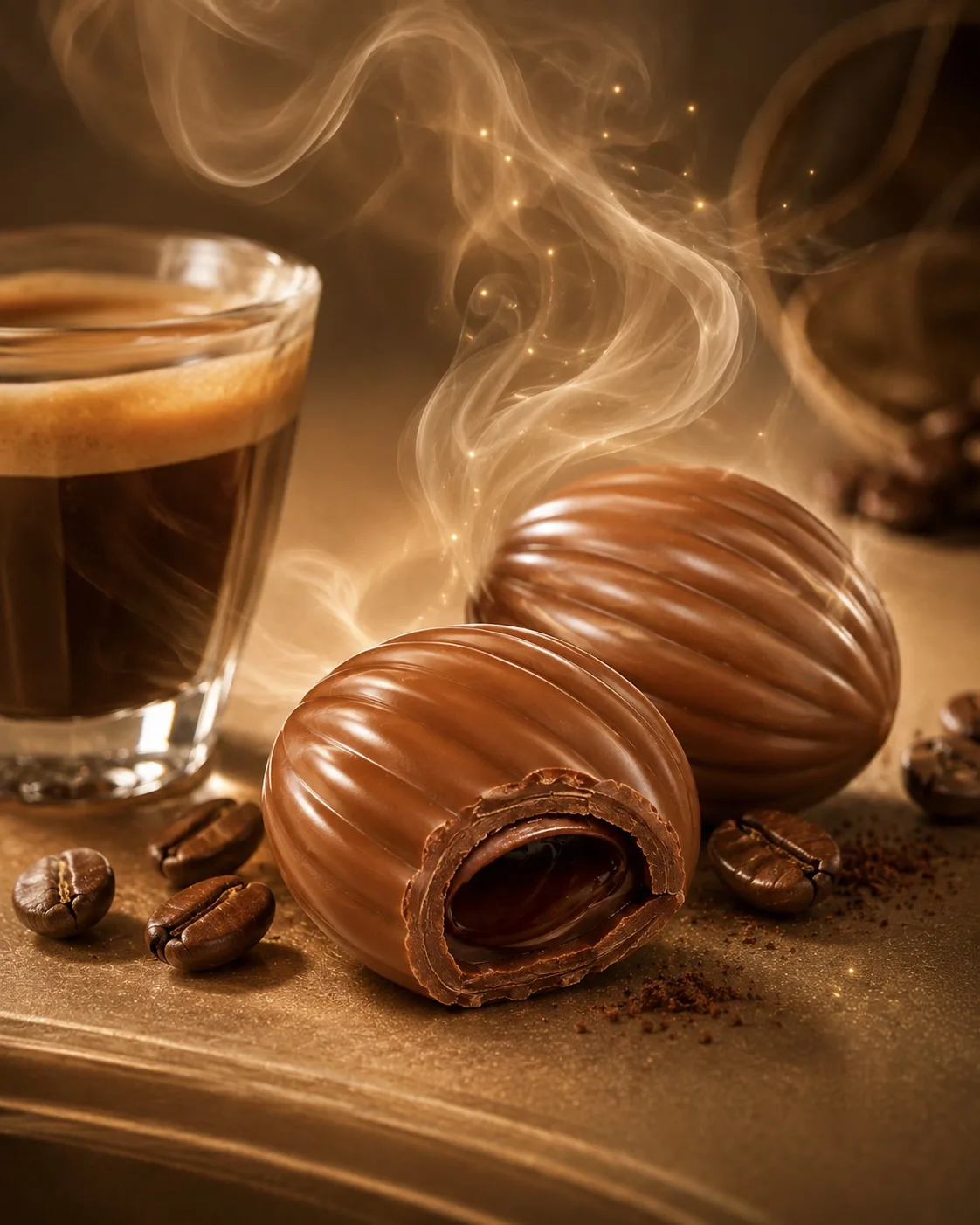 Espresso bardağının yanında iki Coffex şekeri, yükselen buharla