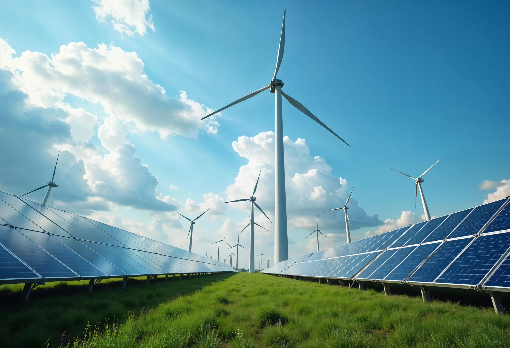Güneş panelleri ve rüzgâr türbinlerinden oluşan yenilenebilir enerji santrali
